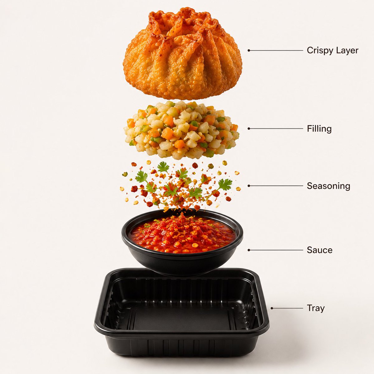 - 一张高端街头美食产品摄影：金黄酥脆的炸馒头（momos）摆放在黑色托盘中，置于温暖的白色无缝影棚背景中央。炸馒头呈深金色酥脆质地，带有逼真…, 图片 1