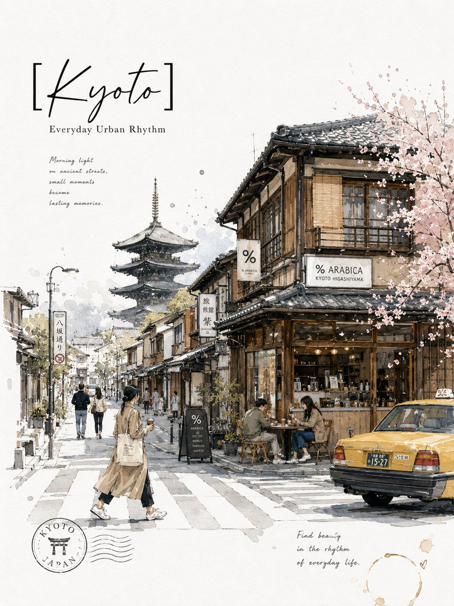 京都城市极简主义超高清旅行写生海报，置于干净的白色素描本纸张上，带有细腻的纸张纹理。风格：精致钢笔线描 + 随性水彩写生。细腻的黑色墨线勾勒，…, 图片 1