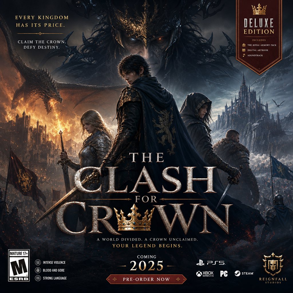 为一款名为 [The Clash for crown] 的虚构游戏,创作一张高级且极具真实感的游戏首发主视觉海报(Key Art)。, 图片 1