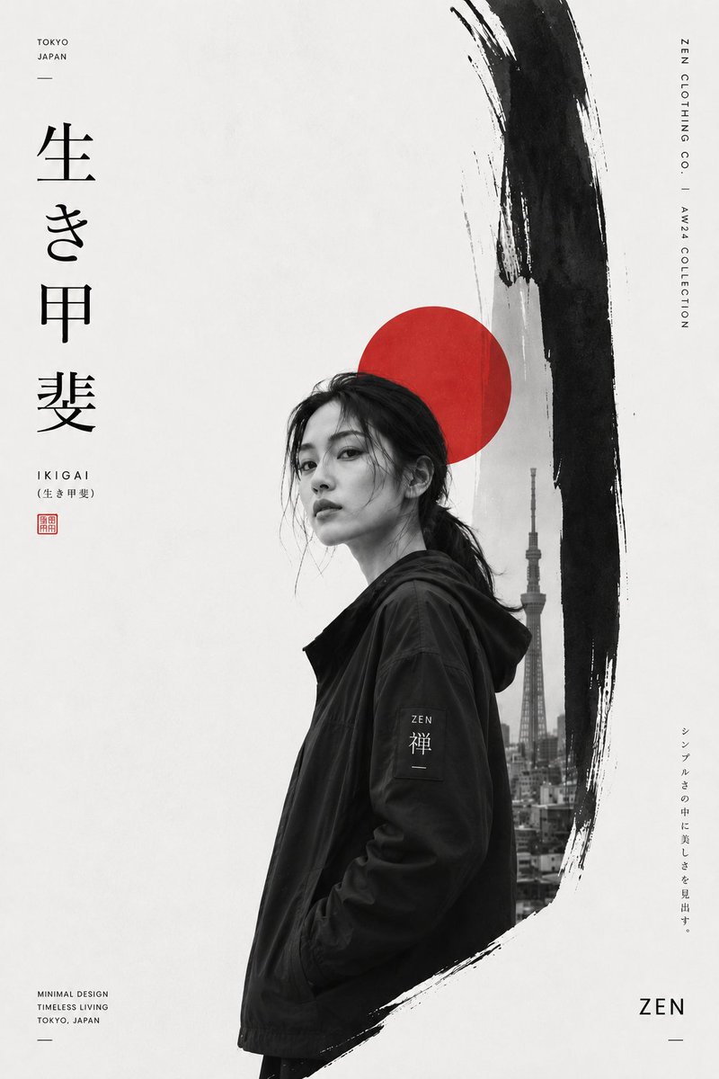 创建一个高级日本灵感的极简主义时尚编辑海报,以一位时尚的年轻女性作为主角。图片类型:极简日式时尚品牌海报,单色编辑广告设计,奢华生活方式海报。…, 图片 1