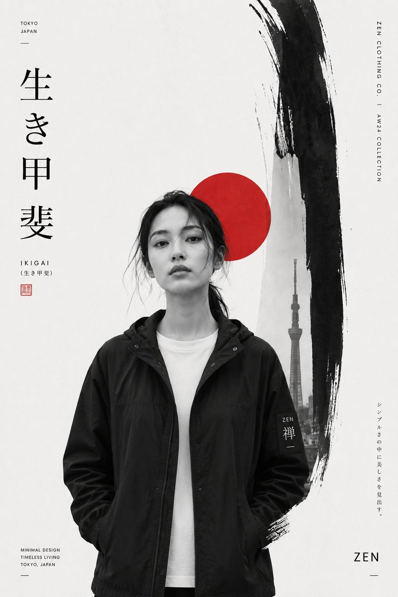 创建一个高级日本灵感的极简主义时尚编辑海报,以一位时尚的年轻女性作为主角。图片类型:极简日式时尚品牌海报,单色编辑广告设计,奢华生活方式海报。…, 图片 2