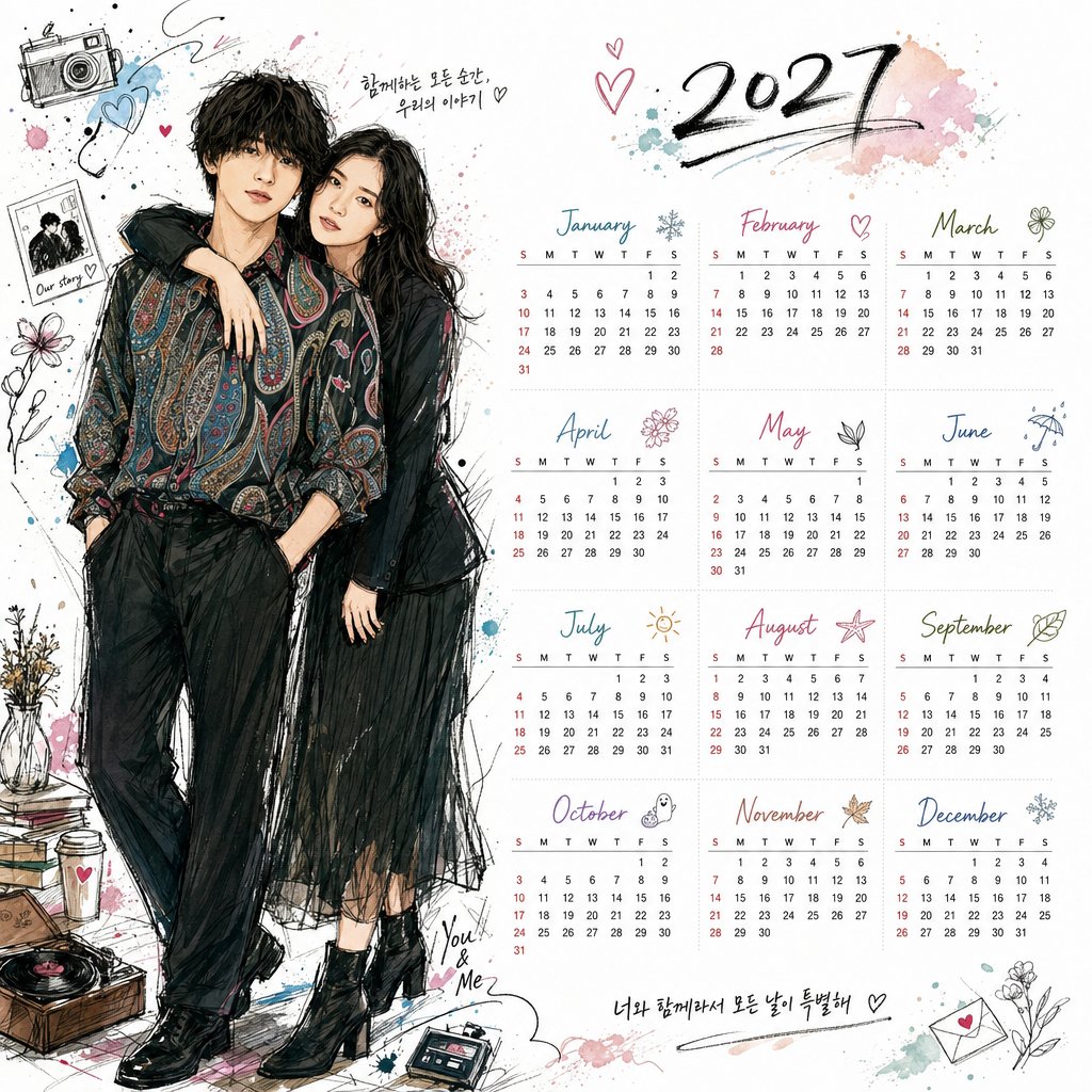 使用这张参考照片制作一份2027年1月至12月的桌面日历。格式:A4纵向。特征:韩国插画风格,独特的角色特征,自然的表情,全身构图,动态姿势,…, 图片 1