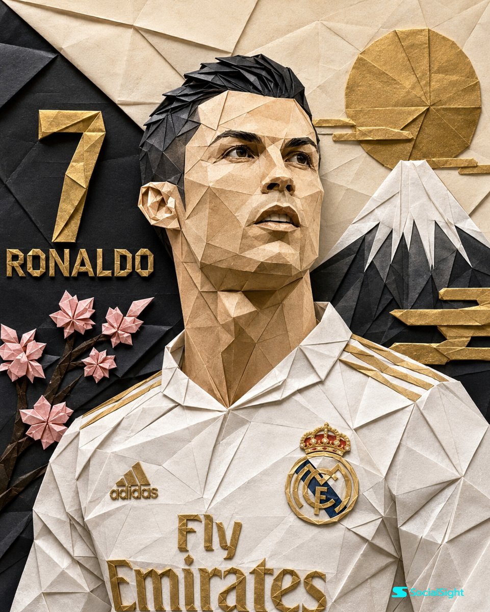 超精细折纸艺术肖像画,描绘克里斯蒂亚诺·罗纳尔多(Cristiano Ronaldo),完全由折叠纸层和几何折纸造型精心制作而成,逼真的纸张质…, 图片 1