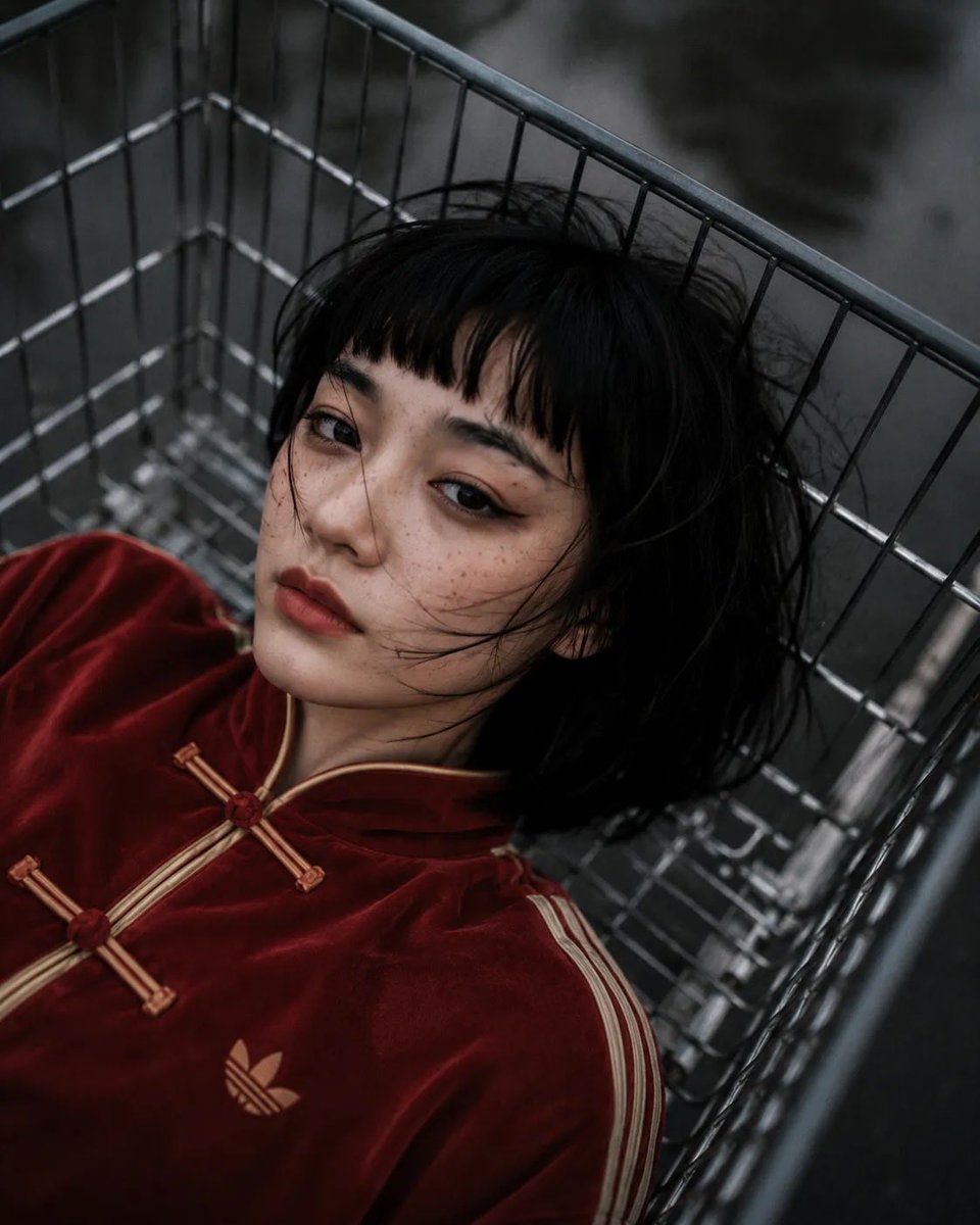 女性角色位于购物推车内部,以推车内部为视角向上望向她的脸部,戏剧性的透视畸变,一条腿靠近镜头,姿势"无所谓"且放松:,超大红色(偏红)的阿迪达…, 图片 1