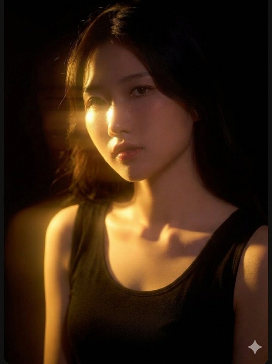 一张垂直构图的特写肖像照,描绘了一位优雅的年轻东亚女性,采用戏剧性的电影级打光风格,背景为深邃的纯黑色。她直视前方,神情柔和而宁静。一道温暖的…, 图片 1
