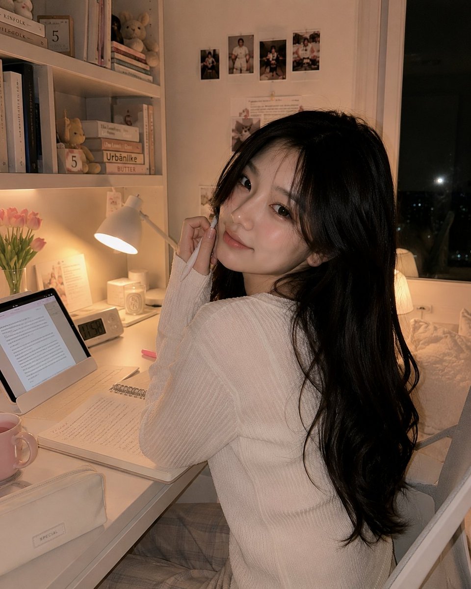 超写实的温馨韩国书房人像:一位美丽的韩国女性夜晚随意地坐在白色书桌上,旁边放着她的笔记本电脑,双膝轻柔地蜷向身体,上半身转向镜头,露出温柔害羞…, 图片 1