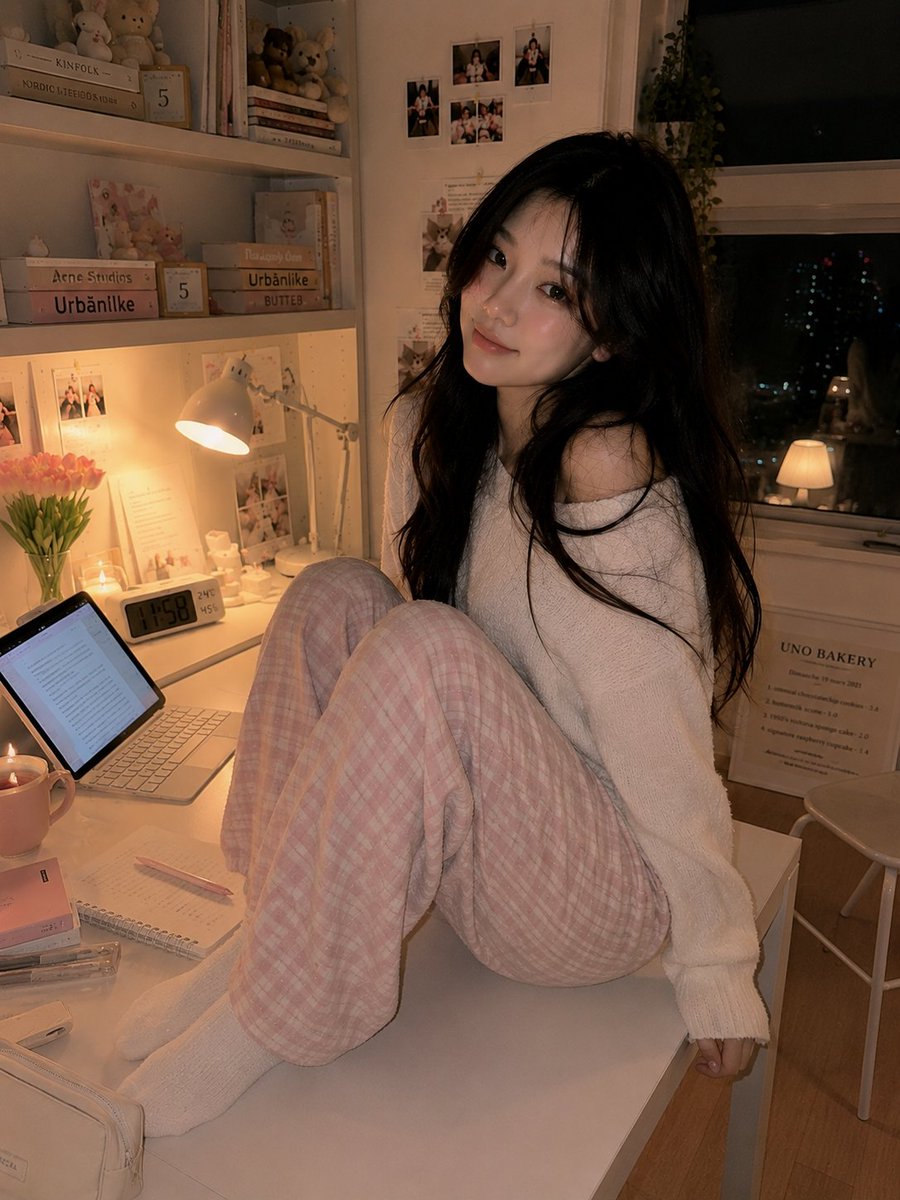 超写实的温馨韩国书房人像:一位美丽的韩国女性夜晚随意地坐在白色书桌上,旁边放着她的笔记本电脑,双膝轻柔地蜷向身体,上半身转向镜头,露出温柔害羞…, 图片 2