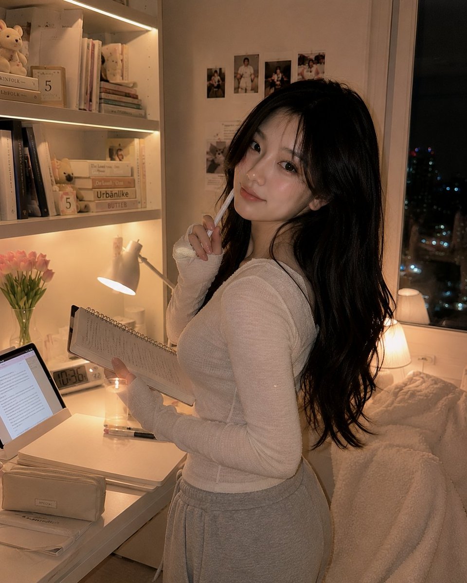 超写实的温馨韩国书房人像:一位美丽的韩国女性夜晚随意地坐在白色书桌上,旁边放着她的笔记本电脑,双膝轻柔地蜷向身体,上半身转向镜头,露出温柔害羞…, 图片 4