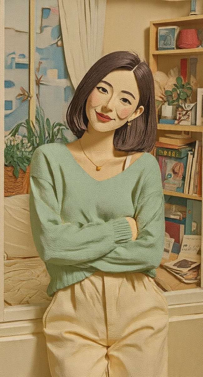 一幅风格化、带有质感的插画，基于一位面带微笑、留着深色短发波波头的女性肖像，她向后倚靠，双臂交叉。她身穿柔软的V领薄荷绿毛衣和米色长裤，佩戴着…, 图片 2