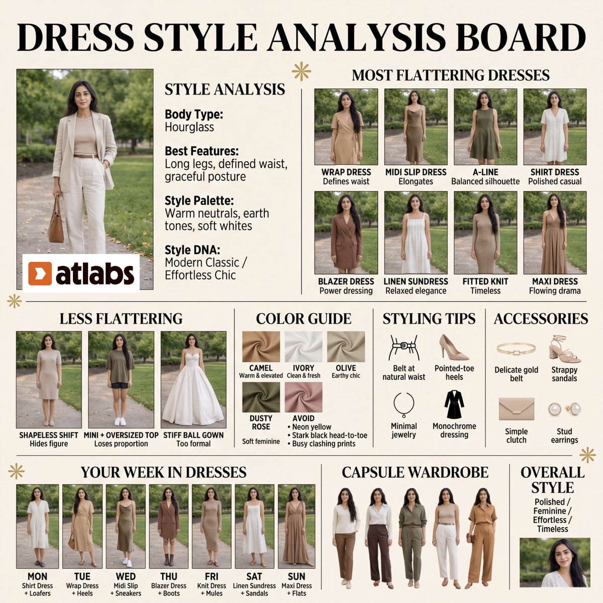 一个高耸的垂直编辑风格"DRESS STYLE ANALYSIS BOARD(连衣裙风格分析板)",采用温暖的奶油色/米色背景,搭配优雅的衬线…, 图片 1