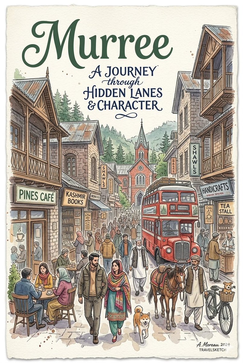 一幅由"A. Moreau 2024, TRAVELSKETCH."创作的、采用细致素描风格的AI生成水彩旅行海报。画面描绘了一条繁忙而富有历…, 图片 1