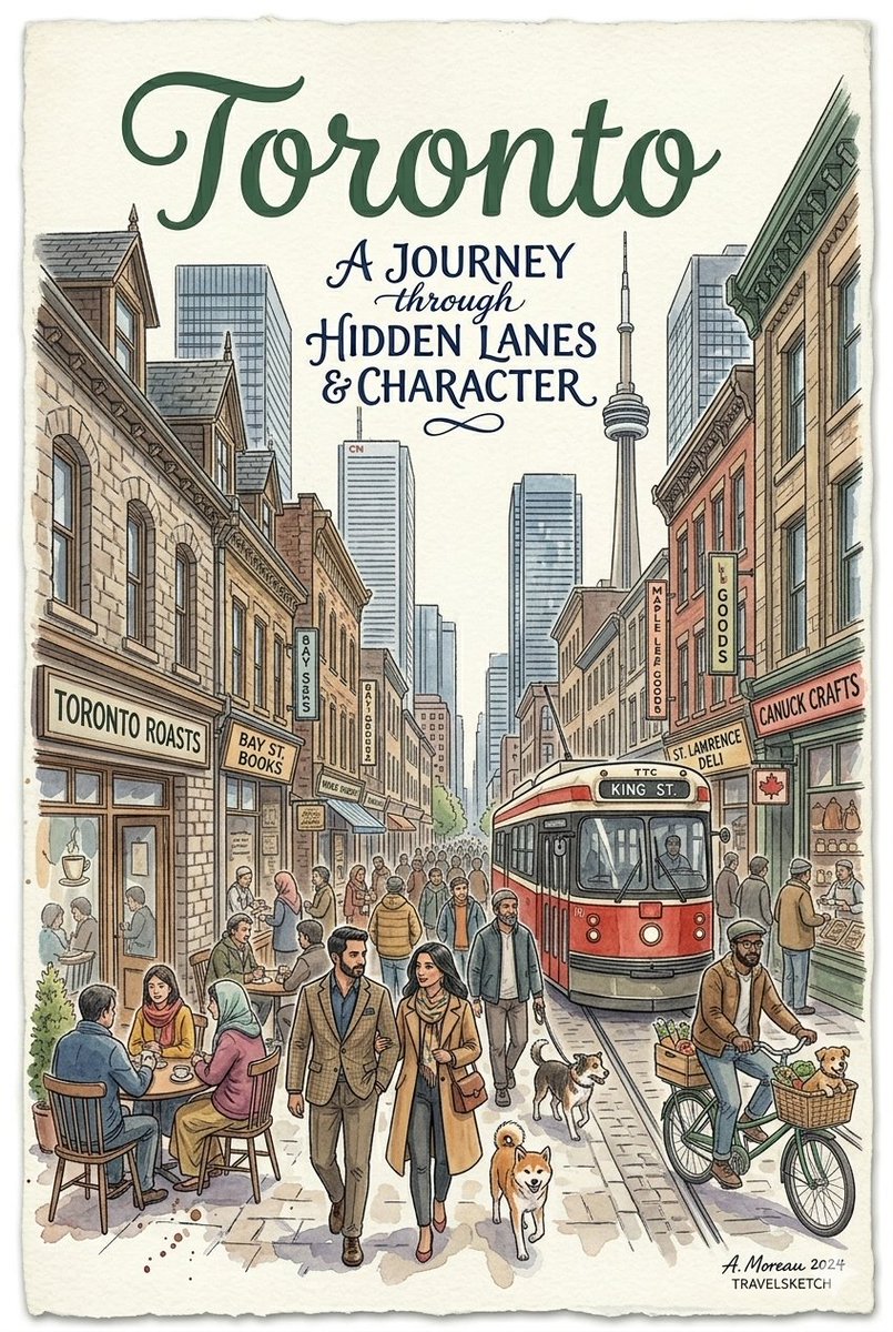 一幅由"A. Moreau 2024, TRAVELSKETCH."创作的、采用细致素描风格的AI生成水彩旅行海报。画面描绘了一条繁忙而富有历…, 图片 2