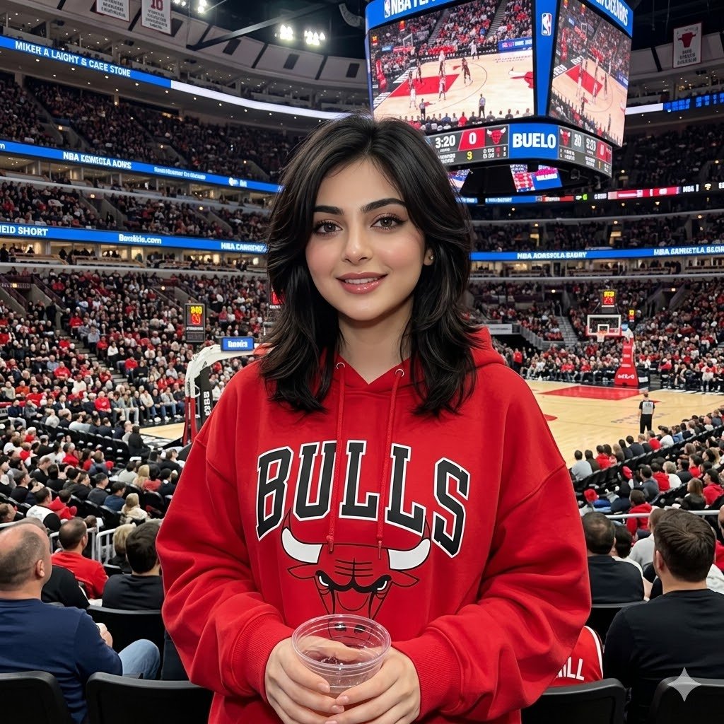 写实风格女性 NBA 观众肖像,腰部以上构图,身穿红色宽松公牛队连帽衫,淡妆配光泽唇,层次感狼尾剪发型,观看比赛时手持饮料杯的放松姿势,背景可…, 图片 1