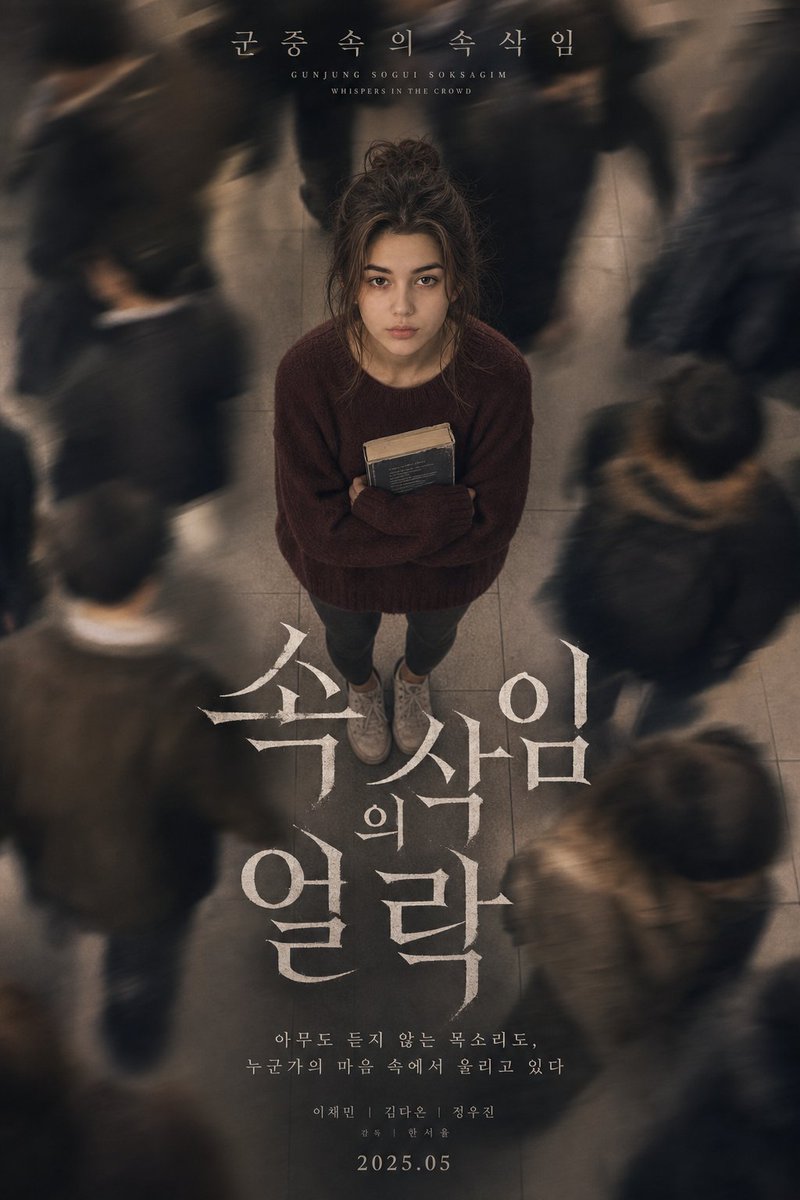 一张忧郁的韩国心理剧情海报，画面中是一位美丽的年轻女性，其面部特征、表情和比例与原始参考照片完全一致。不得改变其外貌特征或比例。她有一头柔软的…, 图片 1