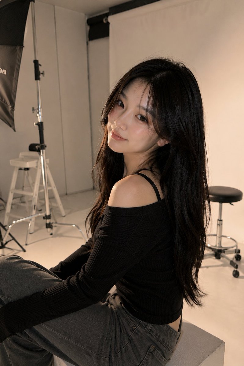 超写实工作室时尚人像：一位美丽的韩国女性在干净浅灰色的工作室墙前摆姿势，微微转向镜头，神态柔和自信，身姿优雅从容。一只手轻轻放在发丝中，同时微…, 图片 2
