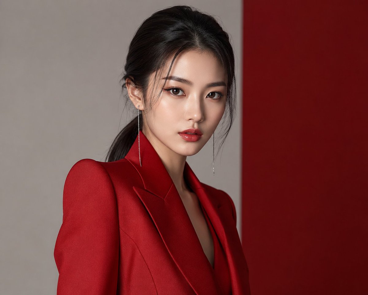 超写实高端韩国时尚编辑风格人像摄影:一位美丽的年轻女性,身着优雅的纯色深红色定制西装外套,肩部结构挺括,整体造型奢华极简。发型为顺滑的低马尾,…, 图片 1