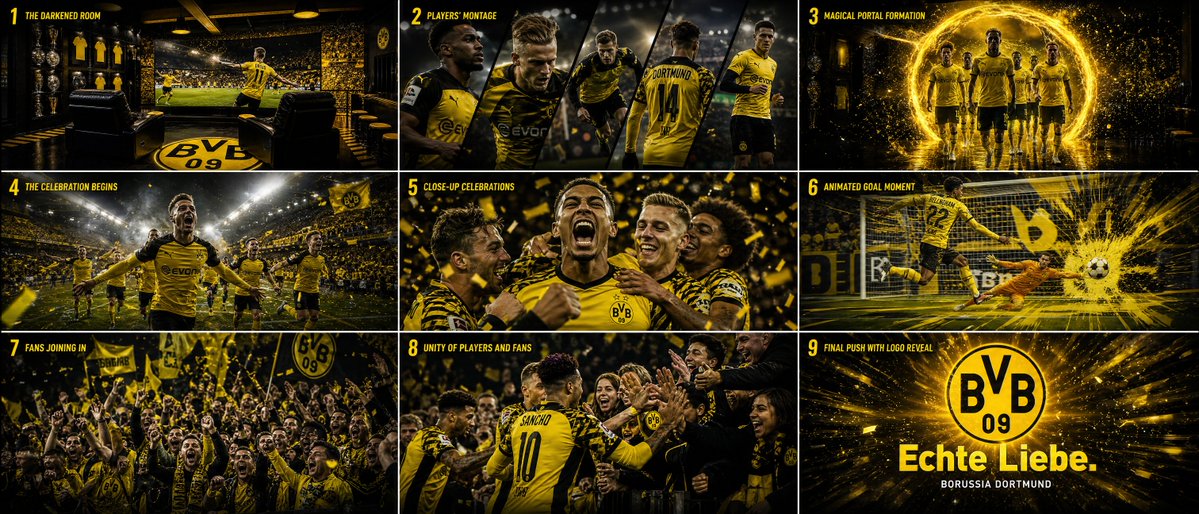 为多特蒙德(Borussia Dortmund)比赛开场电视转播动画制作一个9镜头电影级分镜脚本。该序列应感觉像高端体育商业广告融合了奇幻VF…, 图片 1