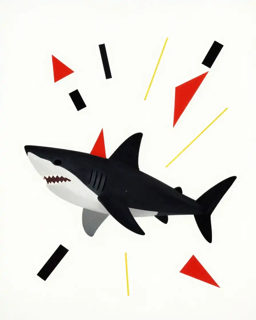 👇🏻 A stylized shark gliding through a white void, Suprematism art style, comp…