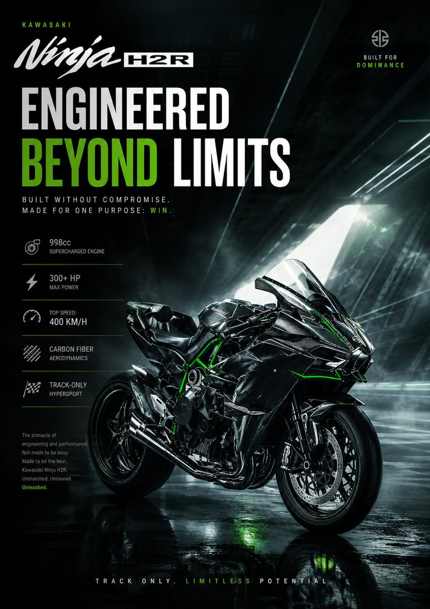 未来感超高端广告海报,主题为川崎 Ninja H2R,设计风格如同世界级 Behance 平面设计作品展示。黑暗电影感地下隧道,带有光滑湿润地…, 图片 1