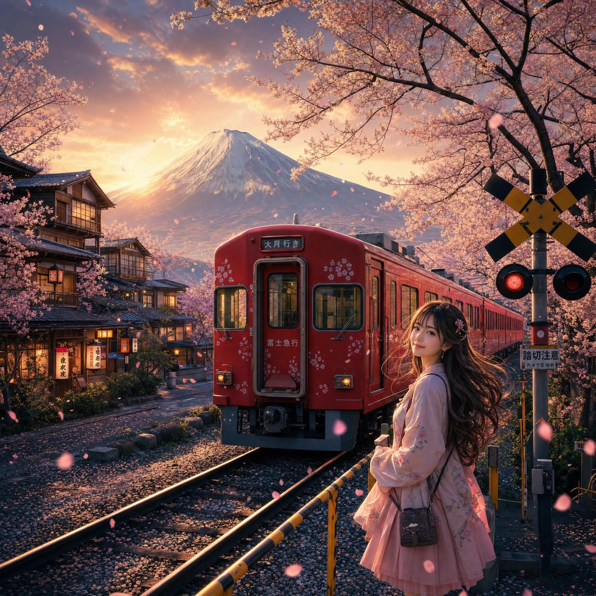 超精细电影感3D动漫写实风格艺术作品，描绘樱花季标志性日本场景：一辆鲜红色的传统日本列车缓缓驶过无尽樱花林，风中漫天粉色花瓣飞舞，背景中富士山…, 图片 1