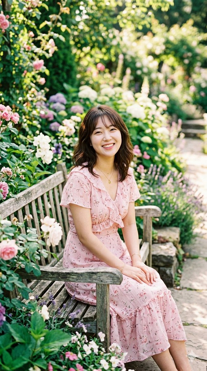中景镜头：一位性格开朗的东亚女性，留着带刘海的棕色波浪及肩发，在郁郁葱葱、阳光充足的英式花园中温暖微笑。她身穿一件带有精致花卉图案和褶皱细节的…, 图片 4