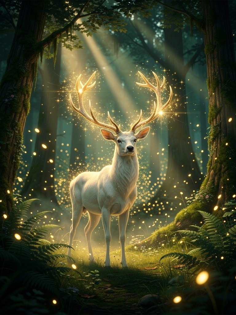 威严的白色雄鹿 🦌 在萤火虫魔法森林中 https://t.co/el6i5Izl6i, 图片 1