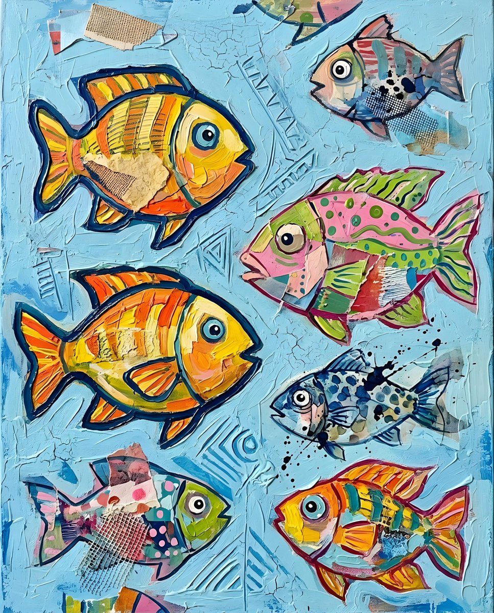 一幅色彩鲜艳的扁平插画,描绘了各种五颜六色的鱼在浅蓝色背景下游动。这些鱼以异想天开的卡通风格呈现,有着粗犷的轮廓和简洁的图案。它们以零散、俏皮…, 图片 1