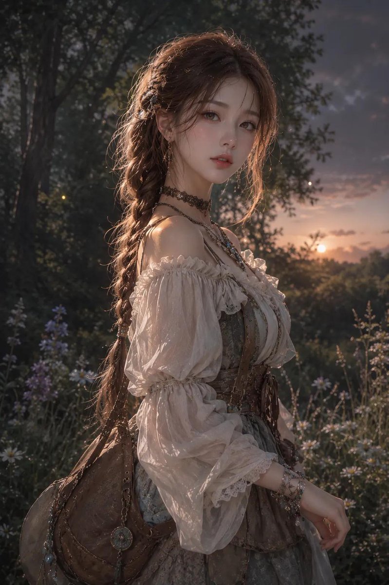 基于上传图片创作的半写实动漫风格20多岁韩国年轻女性,长辫子,飘逸的 peasant 裙,多层项链和手镯,皮质挎包,黄昏时分的林中空地,野花和…, 图片 1