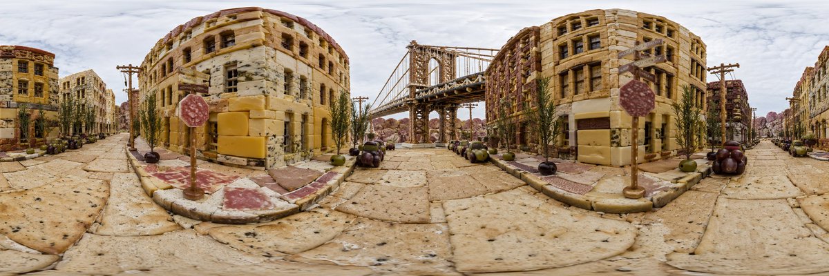 360度全景"街景"视图，展现[RANDOM：由模型选择的纽约某个社区或地标]，以拼盘景观的形式重现，使你理论上可以走进其中。街道地面：[饼干…, 图片 1