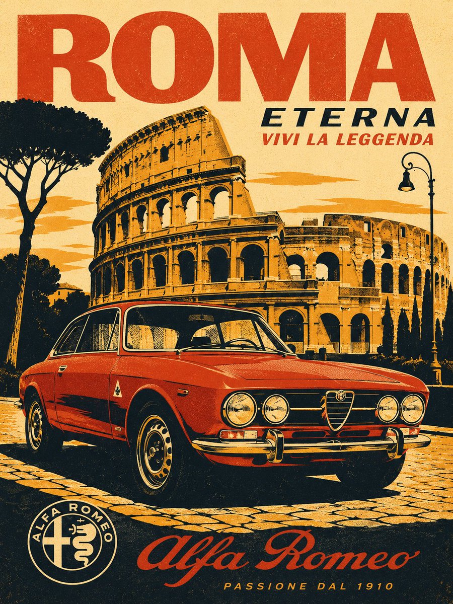 罗马复古意大利汽车旅行海报，标题为“ROMA ETERNA”，前景中一辆经典的红色阿尔法·罗密欧复古轿跑车停泊在阳光普照的鹅卵石街道上，采用低…, 图片 1