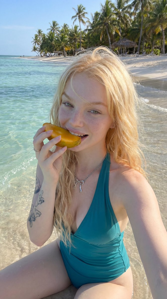 超写实海滩自拍肖像,金发女子站在清澈透明的热带海水中,手持一颗熟透的芒果贴着脸颊,背景是棕榈树和白色沙滩,明亮的自然阳光,湿润蓬松的金发,柔和…, 图片 2