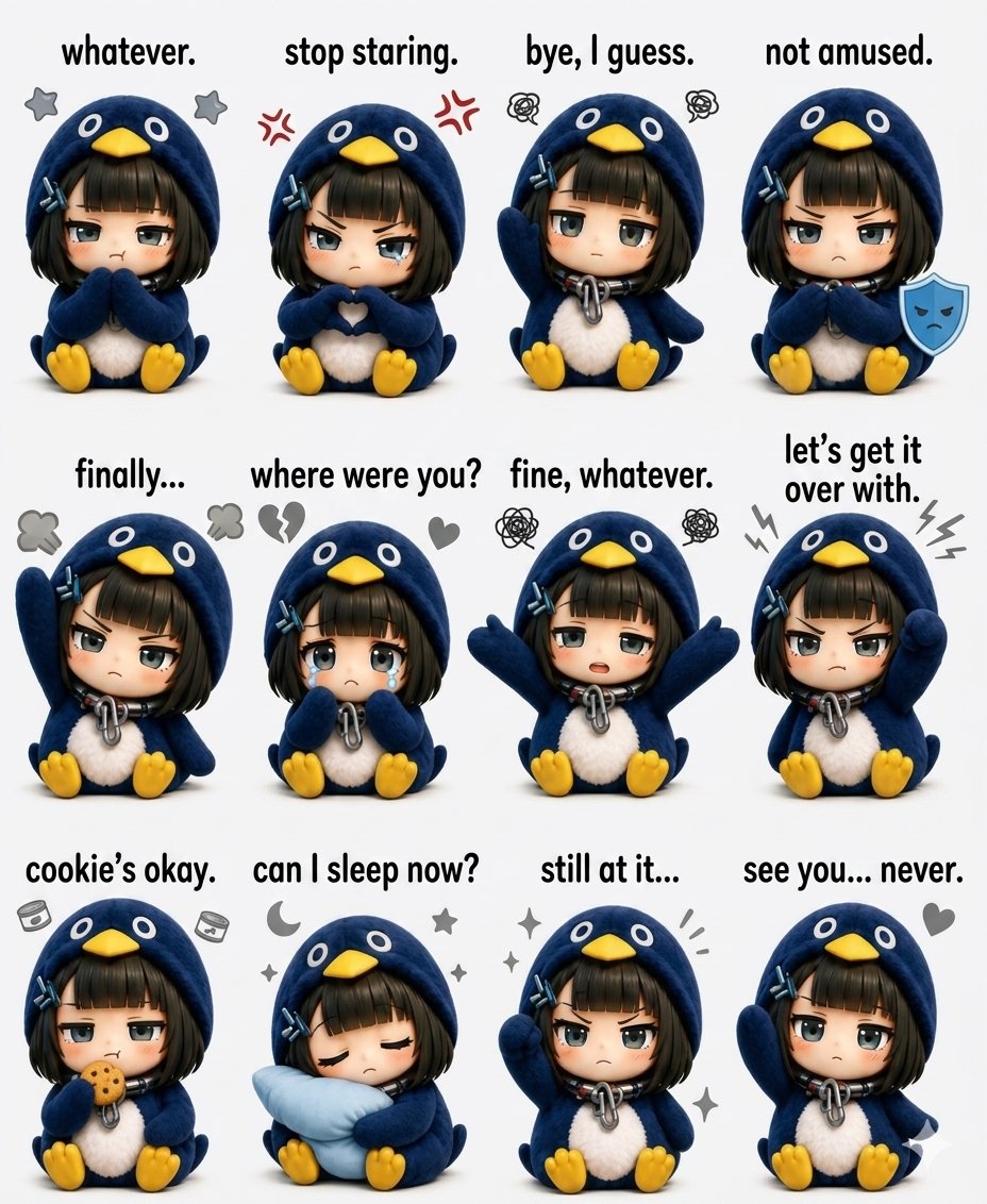 超可爱 kawaii 卡通贴纸图鉴,描绘一个超萌动漫小女孩,穿着超大蓬松蓝色企鹅连帽衫套装,配有黄色企鹅喙帽子,柔软毛绒质感,小小的黄色脚,短…, 图片 2