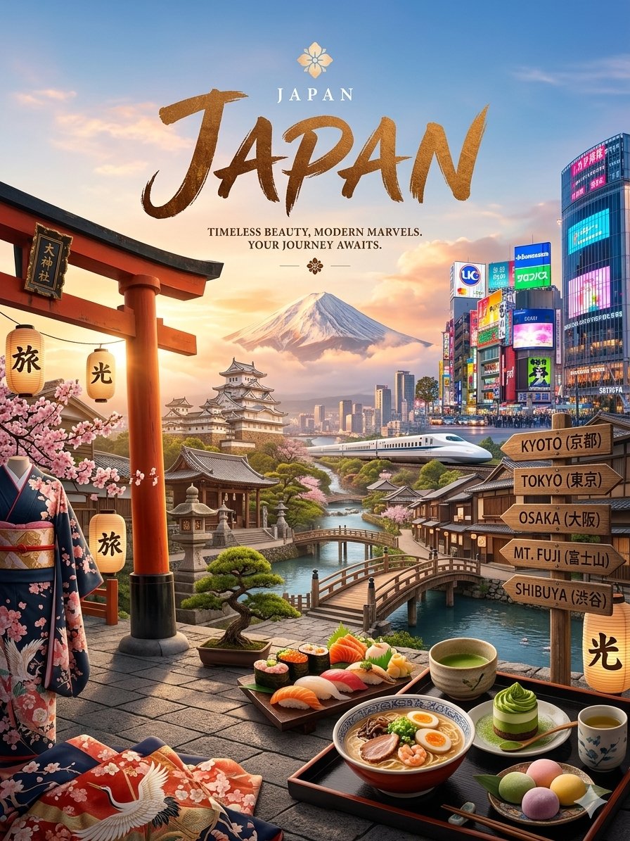 一幅层次丰富的全景式旅游海报,主题为黄金时刻的**日本**,将永恒的传统与未来主义的现代都市生活融为一体。温暖的夕阳光照,电影般的氛围,超精细…, 图片 1