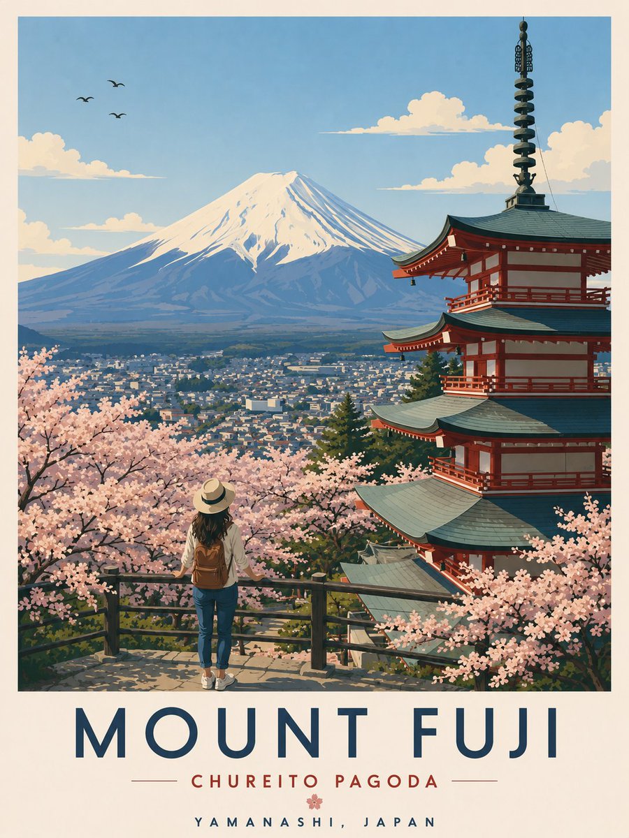 一幅极简主义、超高分辨率的复古旅行海报，描绘日本山梨县樱花季的富士山与忠灵塔（Chureito Pagoda）。画面构图：标志性的红色五层忠灵…, 图片 1