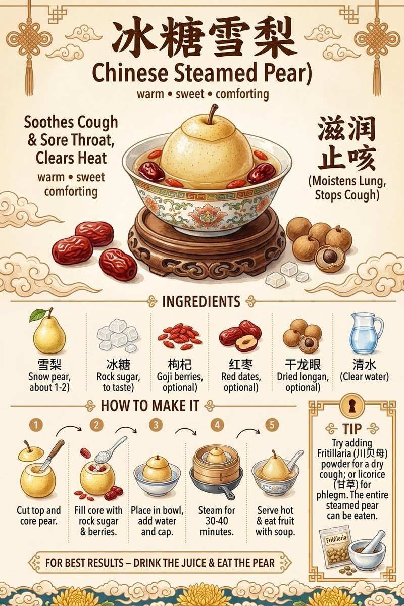 一份关于冰糖雪梨(Bingtang Xueli / 冰糖雪梨)的信息图式食谱海报,采用温暖、传统的中国艺术风格设计,配以优雅的云纹、中国结图案…, 图片 1