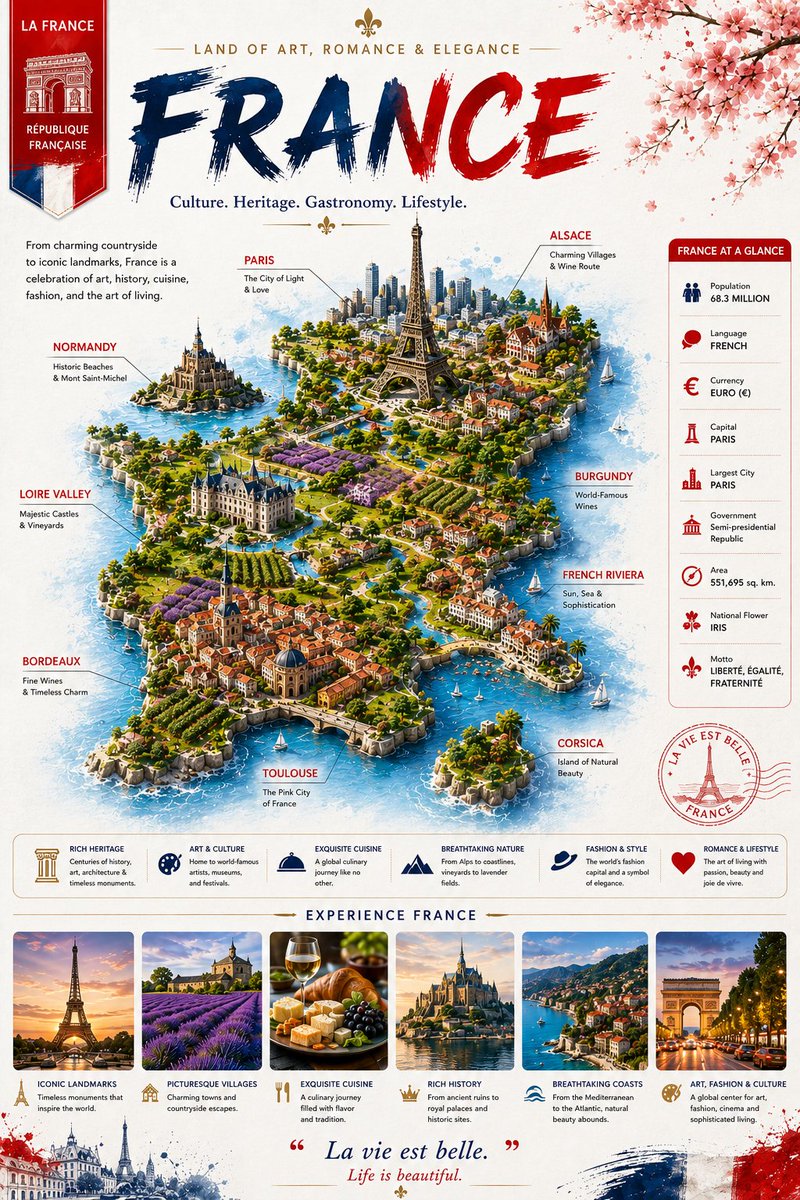 创作一张关于法国（FRANCE）的超高端编辑级旅行信息图表海报，采用简洁的竖版 3:4 比例。, 图片 1