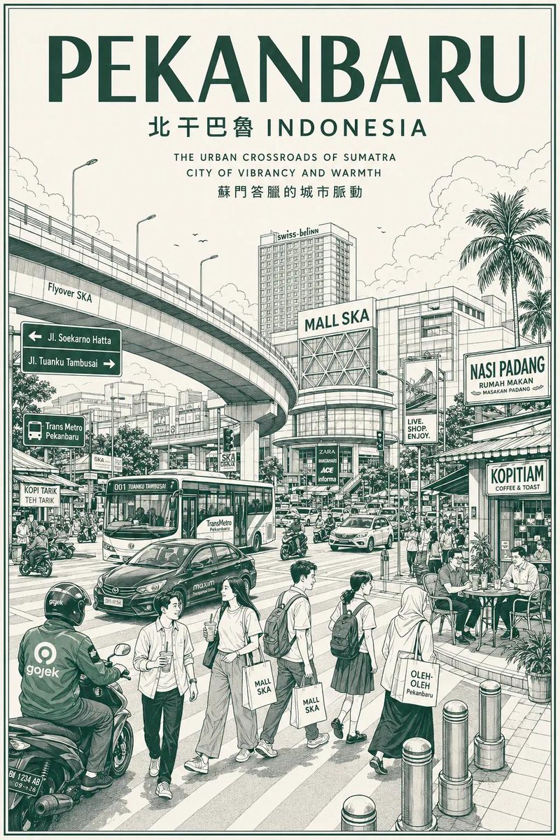 复古单色城市旅行海报插画，详细的都市素描美学，简洁的建筑线条艺术与柔和的水彩晕染相融合，现代东南亚城市氛围，极简的绿色与米色配色，优雅的旅行海…, 图片 1