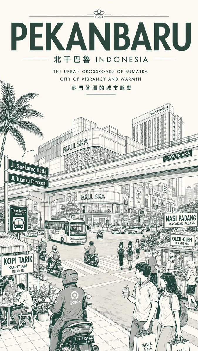 复古单色城市旅行海报插画，详细的都市素描美学，简洁的建筑线条艺术与柔和的水彩晕染相融合，现代东南亚城市氛围，极简的绿色与米色配色，优雅的旅行海…, 图片 2