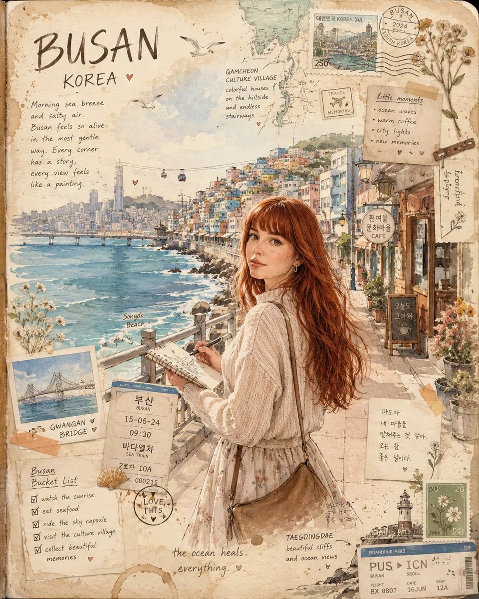 梦幻韩国釜山旅行日志插画,舒适复古剪贴簿美学,水彩与墨水艺术风格,红发女孩坐在海边咖啡馆在笔记本上书写,米色针织开衫,碎花连衣裙,电影感海景,…, 图片 2