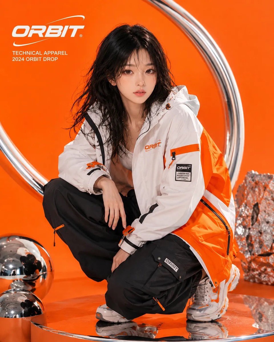 半写实动漫风格的上传图片中的年轻韩国女性,ORBIT 品牌广告大片,超大号核能橙与白色科技夹克,宽松黑色长裤,未来感运动鞋,鲜艳橙色无缝背景背…, 图片 1