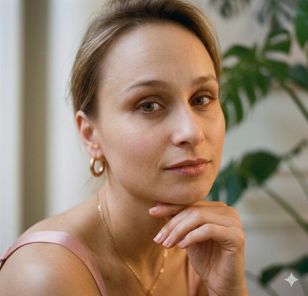 一位时髦的金发女郎面带温暖的笑容,在一间光线明亮的现代住宅中优雅地摆出姿势,屋内摆满了郁郁葱葱的绿色室内植物。她先是身穿粉色钩织上衣开怀大笑,…, 图片 3
