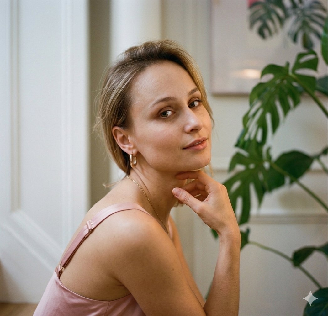 一位时髦的金发女郎面带温暖的笑容,在一间光线明亮的现代住宅中优雅地摆出姿势,屋内摆满了郁郁葱葱的绿色室内植物。她先是身穿粉色钩织上衣开怀大笑,…, 图片 4