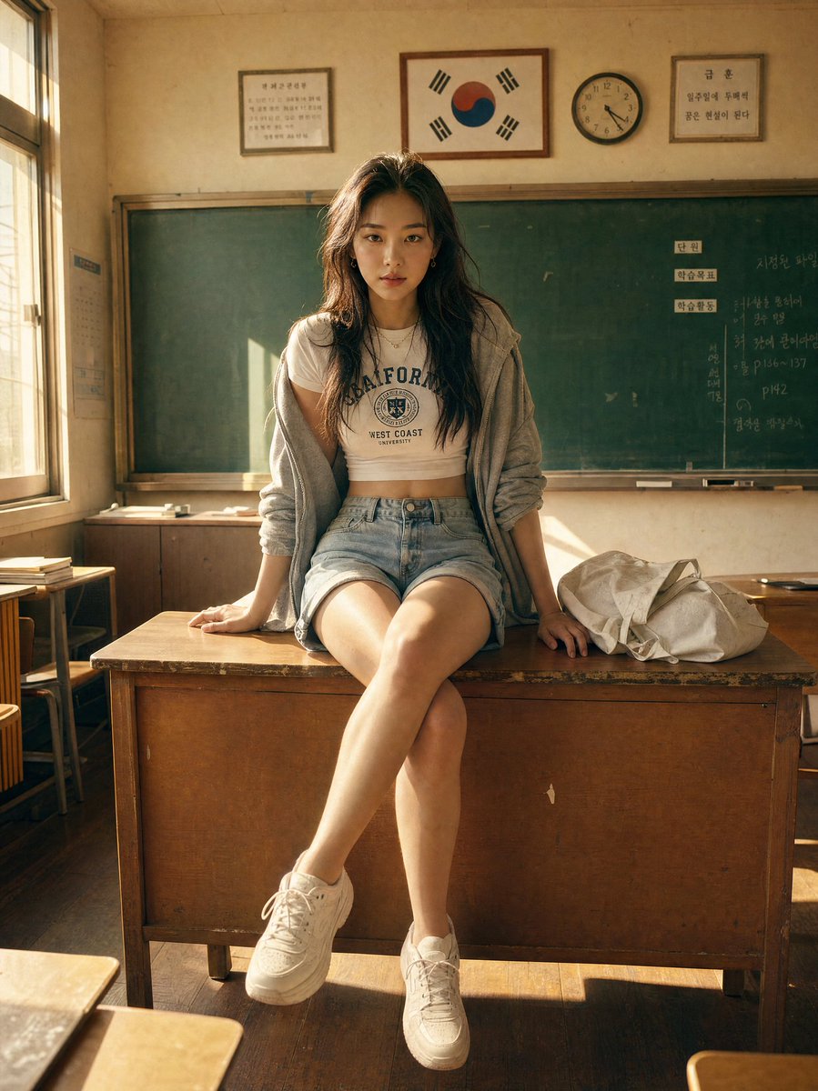 极致真实的肖像：一位美丽的韩国女子在下午晚些时候的黄金时段，自信地坐在木质课桌上，采用电影胶片摄影风格拍摄。, 图片 2