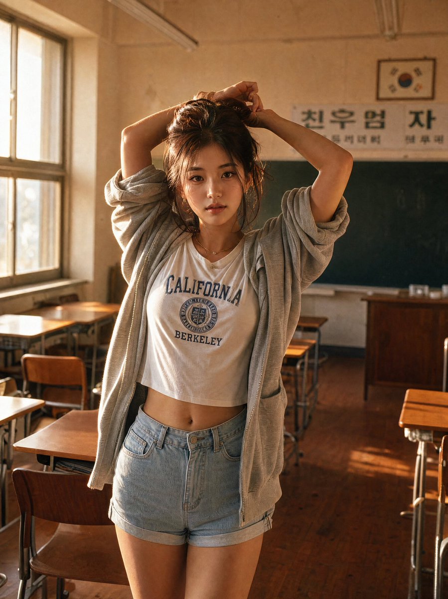极致真实的肖像：一位美丽的韩国女子在下午晚些时候的黄金时段，自信地坐在木质课桌上，采用电影胶片摄影风格拍摄。, 图片 3