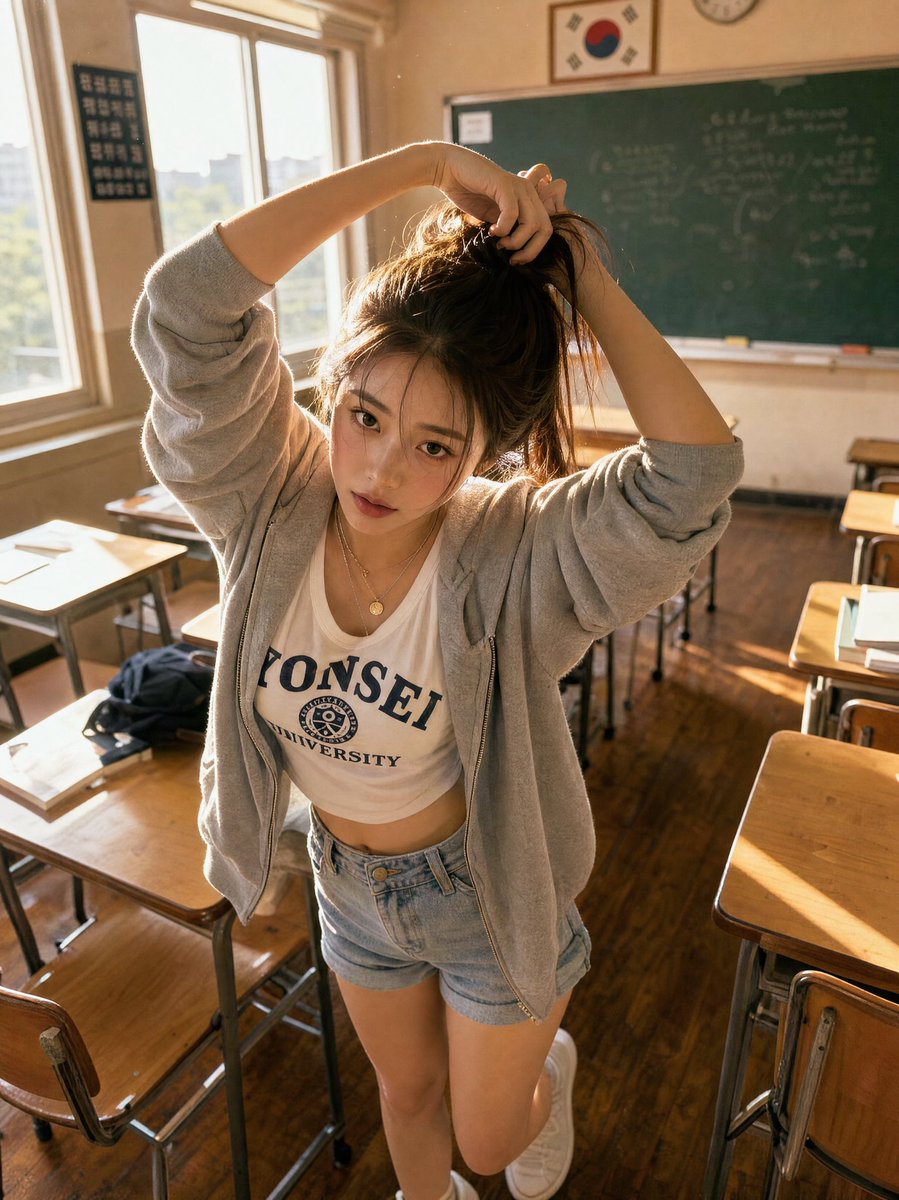 极致真实的肖像：一位美丽的韩国女子在下午晚些时候的黄金时段，自信地坐在木质课桌上，采用电影胶片摄影风格拍摄。, 图片 4
