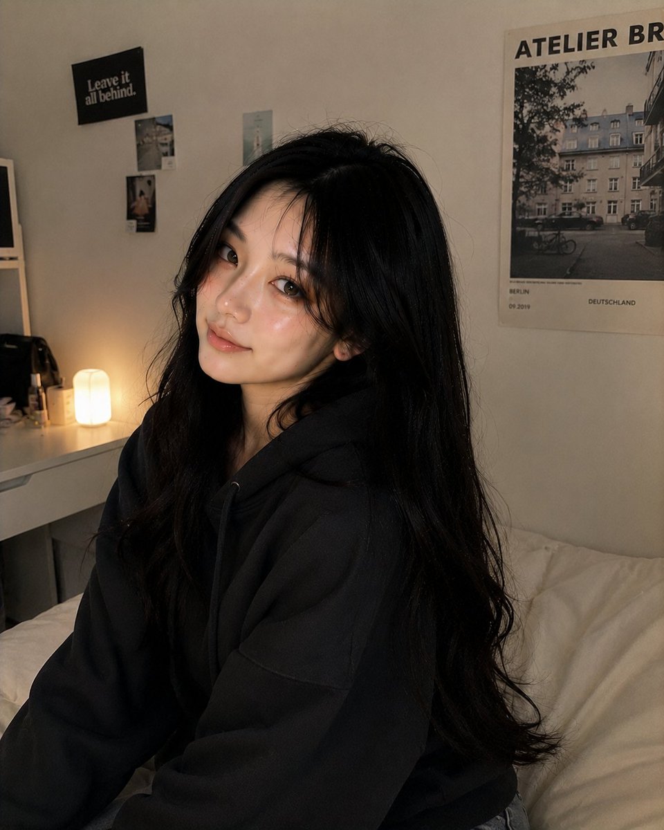 超写实的舒适卧室人像摄影，画面中是前几张图片中同一位美丽的韩国女孩，保持完全一致的面容、丝滑黑色长发、明亮有神的眼睛、柔和的腮红妆容、年轻化的…, 图片 1