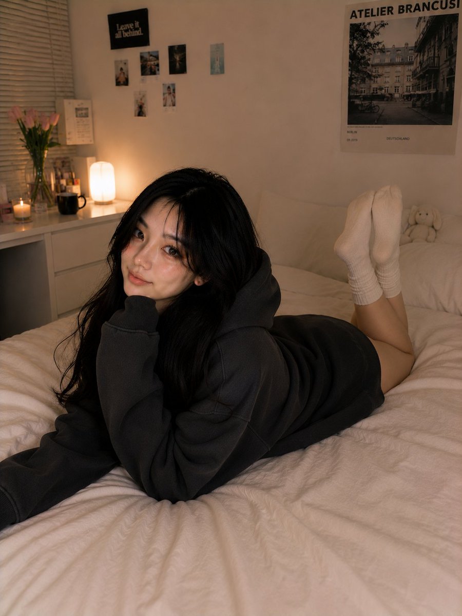 超写实的舒适卧室人像摄影，画面中是前几张图片中同一位美丽的韩国女孩，保持完全一致的面容、丝滑黑色长发、明亮有神的眼睛、柔和的腮红妆容、年轻化的…, 图片 2