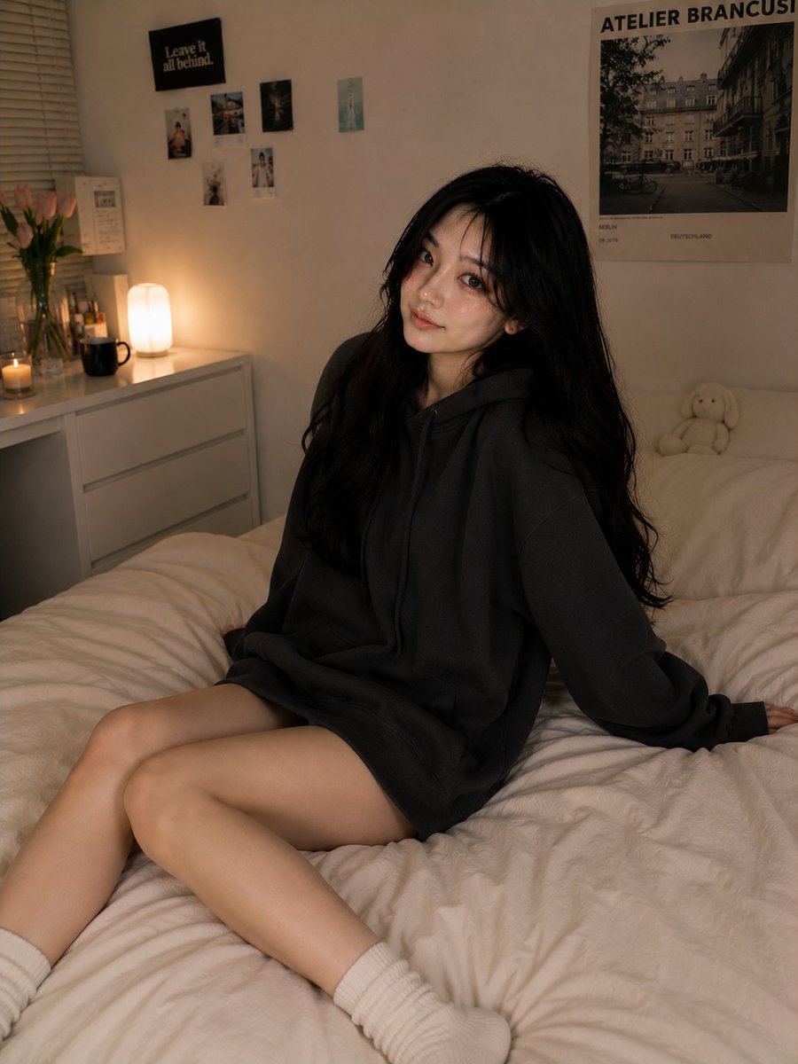 超写实的舒适卧室人像摄影，画面中是前几张图片中同一位美丽的韩国女孩，保持完全一致的面容、丝滑黑色长发、明亮有神的眼睛、柔和的腮红妆容、年轻化的…, 图片 3