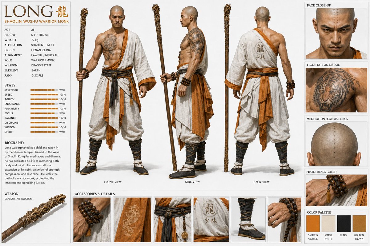 为少林武术武僧"LONG"（龙）设计的高度详细的写实角色设计图。正面、侧面和背面视图。年龄28岁，体型完美匀称、精瘦有肌肉。身穿藏红花黄与白色…, 图片 1