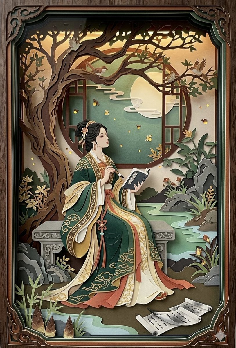 这件剪纸立体相框艺术品精心分层呈现了一幅融合自然与文人雅趣的场景。画面中心是一位举止优雅的女子,身着深绿、金色与米白相间的传统多层中式长袍,端…, 图片 1